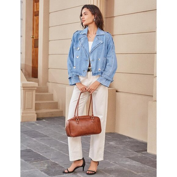 Women’s Light Blue Cropped Denim Trench Jacket Double Breasted Lightweight - Picture 6 of 6